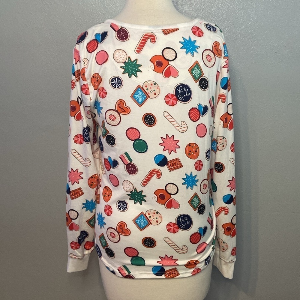 Kate Spade Pajama Top Shirt Holiday Christmas Print Long Sleeve White Blue Pink - Picture 4 of 7